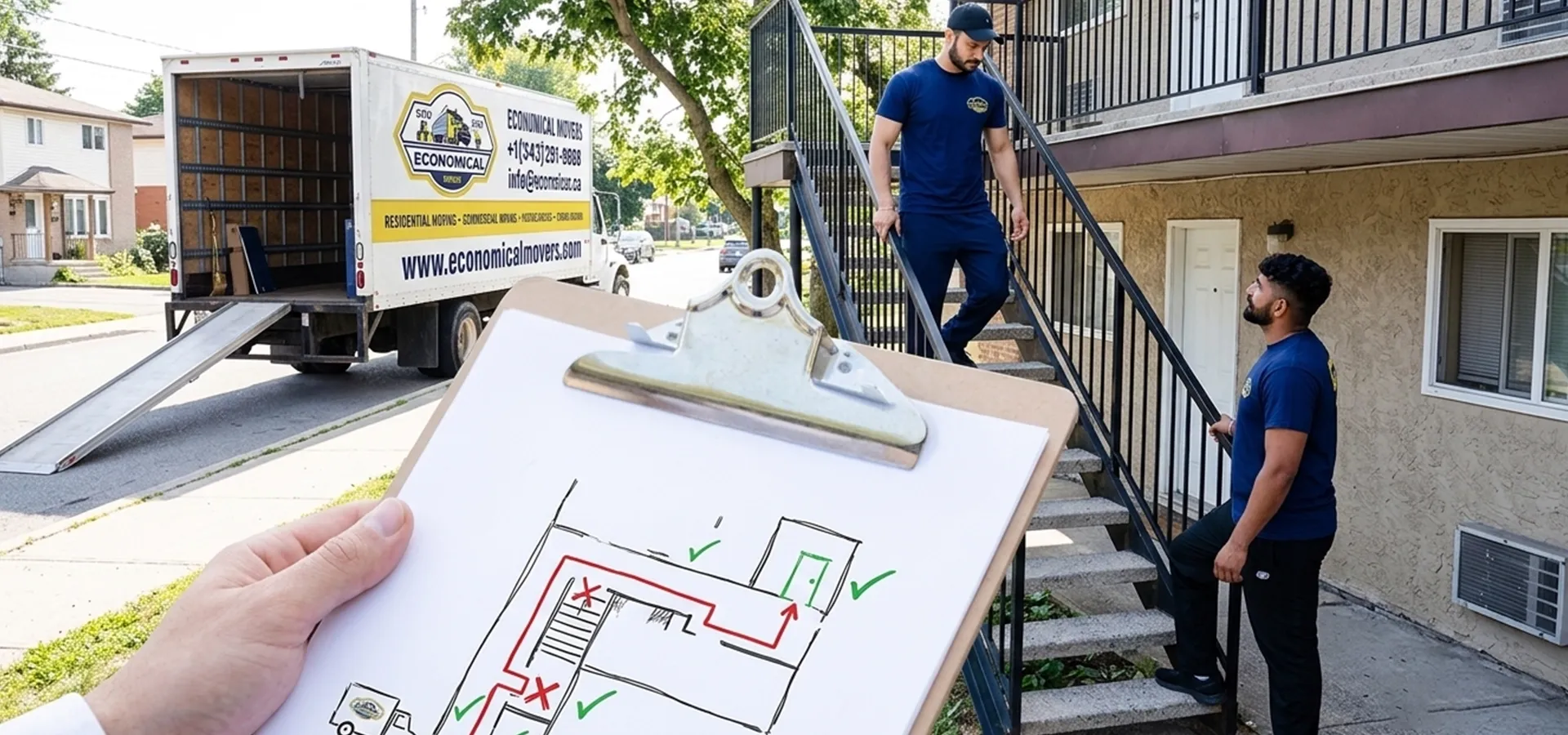 Moving team reviewing an access route and checklist before transporting sensitive laboratory equipment