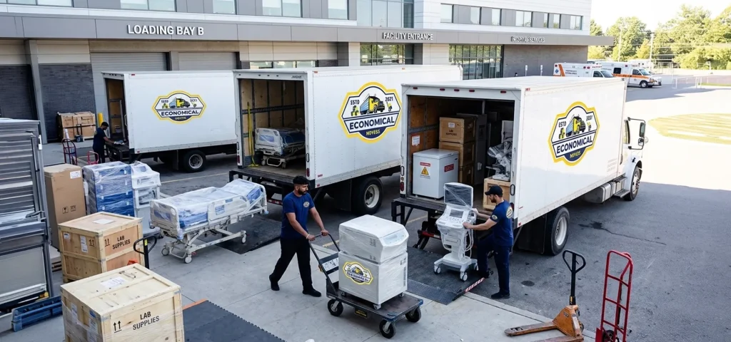 Specialized medical equipment moving for hospitals, clinics, and laboratories using multiple moving trucks.