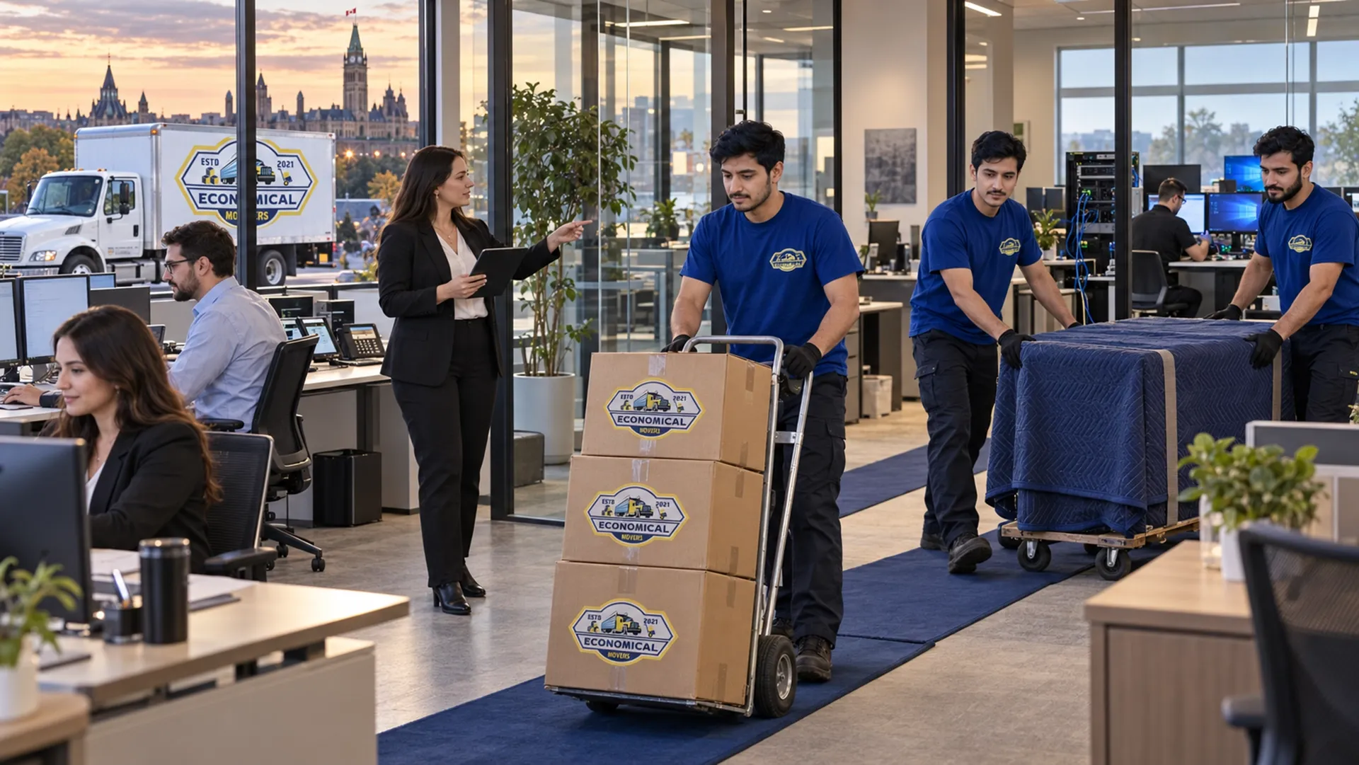 Economical Movers team transporting wrapped office equipment and moving boxes through a modern Ottawa workplace during an office relocation.