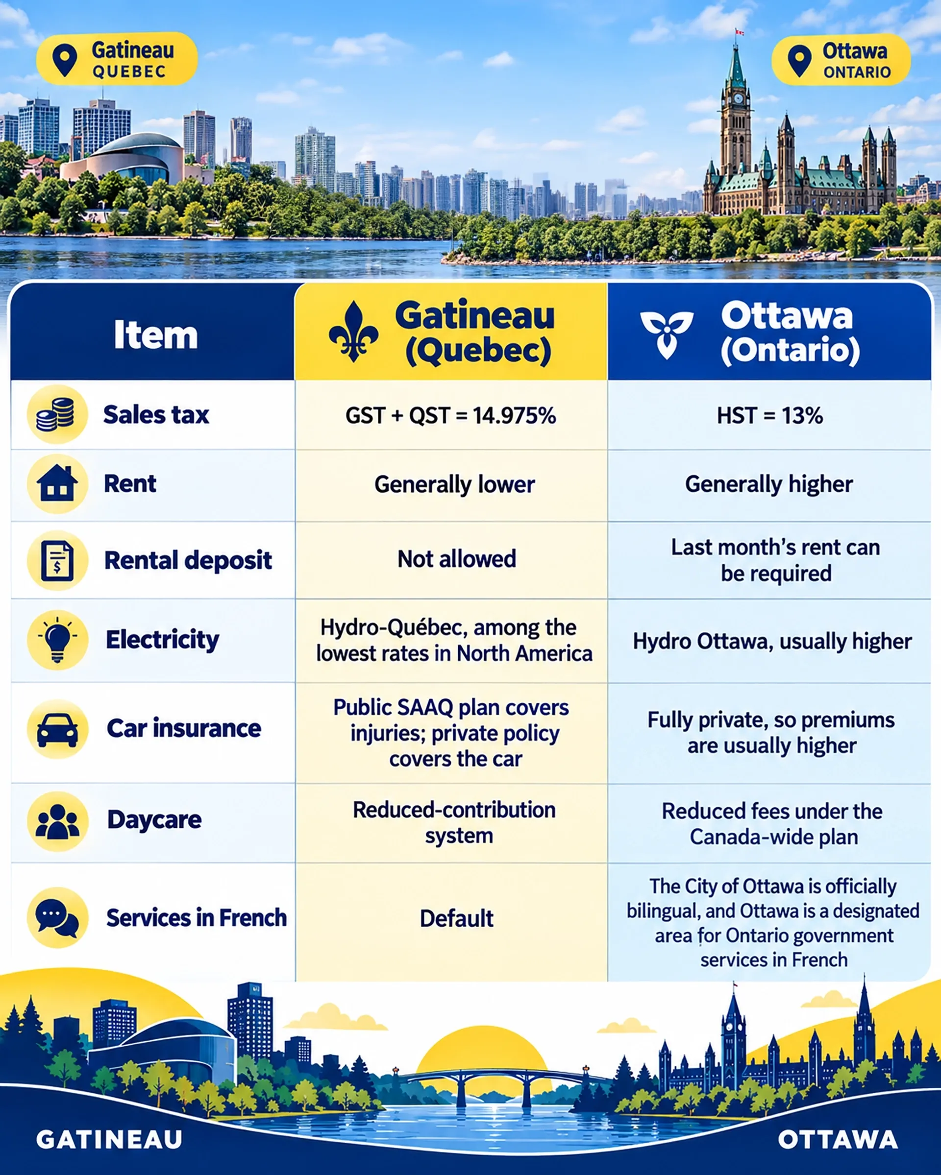 Infographic comparing Gatineau and Ottawa across housing costs, utilities, taxes, insurance, daycare and other family expenses.