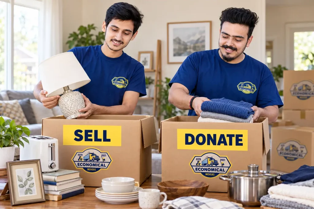 Crew members of Economical movers sorting the items for selling and donation purpose before move.