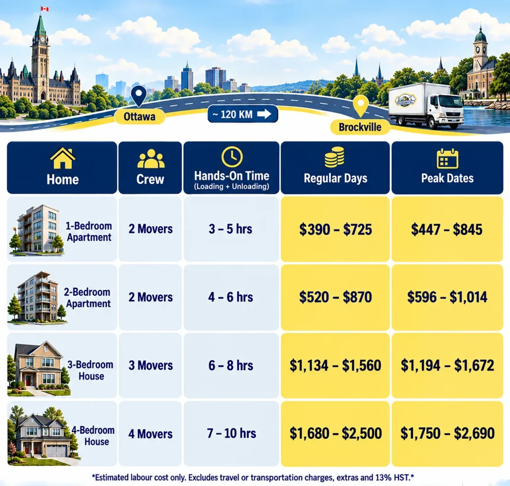 Ottawa-to-Brockville moving cost guide comparing estimated prices by home size, crew, and peak dates.