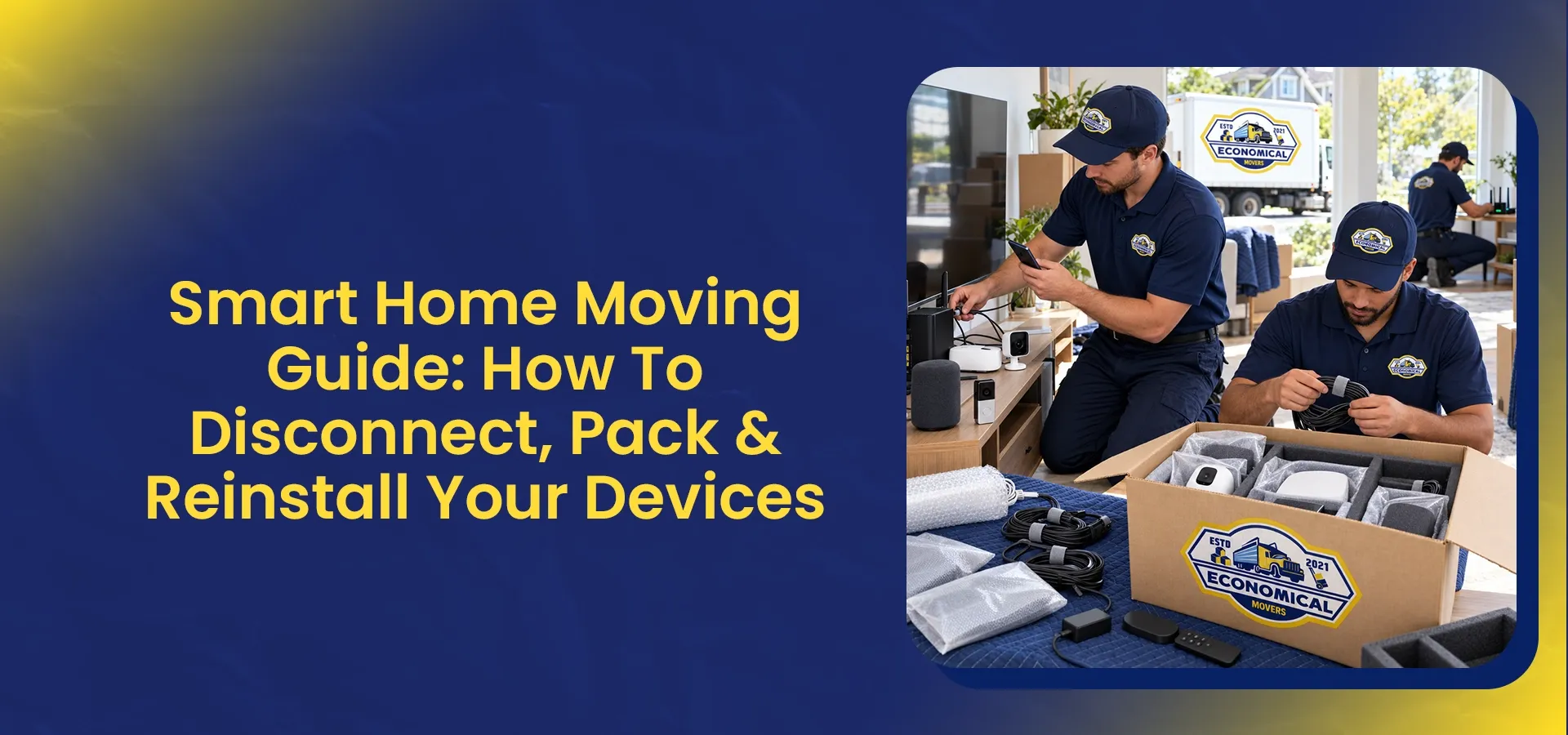 Movers carefully packing smart home devices, cables, and accessories into a protective box during a home relocation.