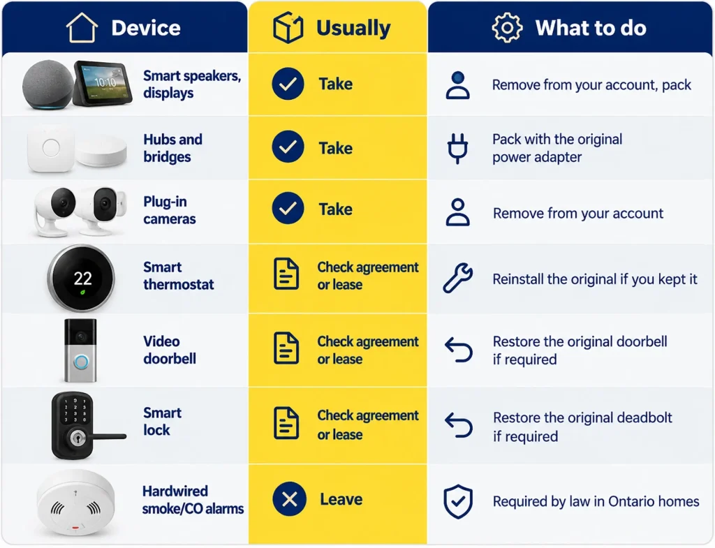 Smart home moving checklist showing which devices to take, leave, or check against the lease.